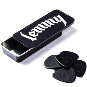 Lemmy guitar picks with Lemmy branded tin container