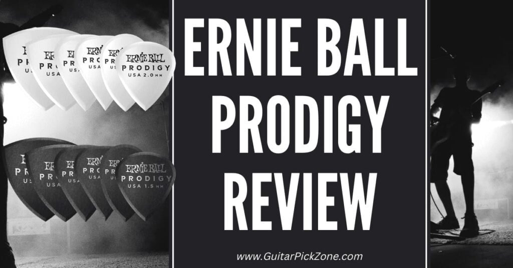 Ernie Ball Prodigy picks in a selection of shapes and gauges in black or white colors